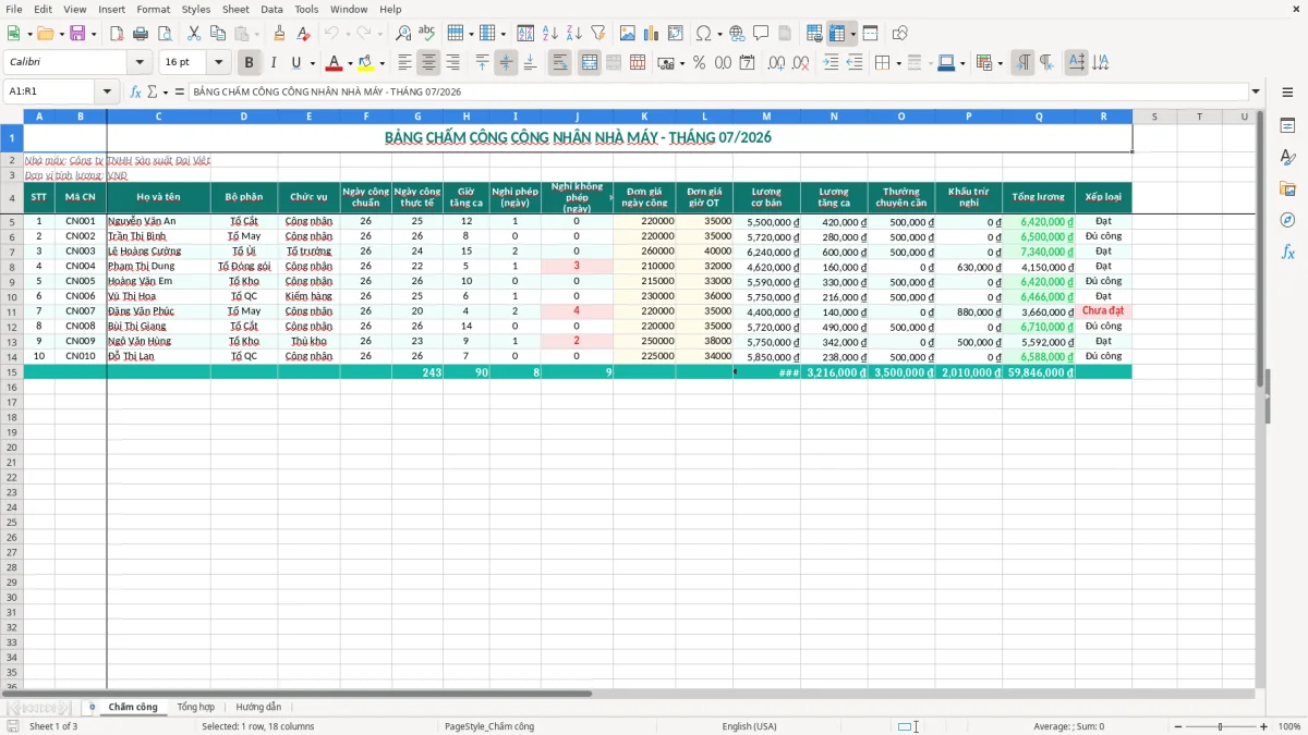 Ảnh chụp màn hình 1: tab Chấm công - Mẫu Excel file excel chấm công công nhân nhà máy