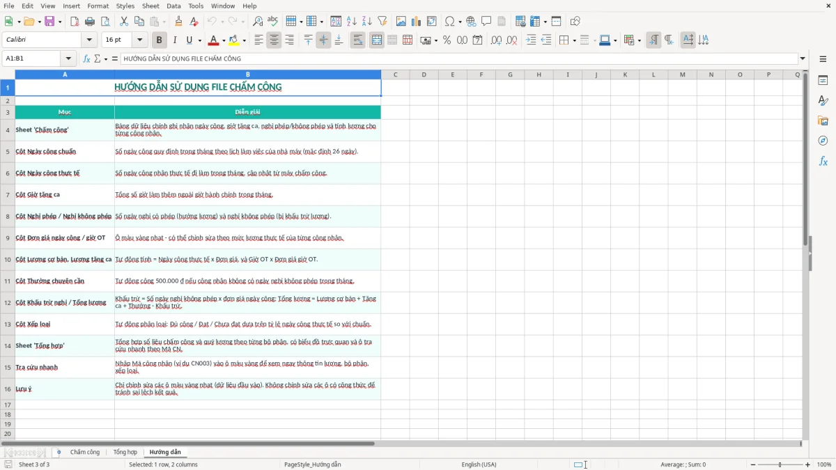 Ảnh chụp màn hình 3: tab Hướng dẫn - Mẫu Excel file excel chấm công công nhân nhà máy
