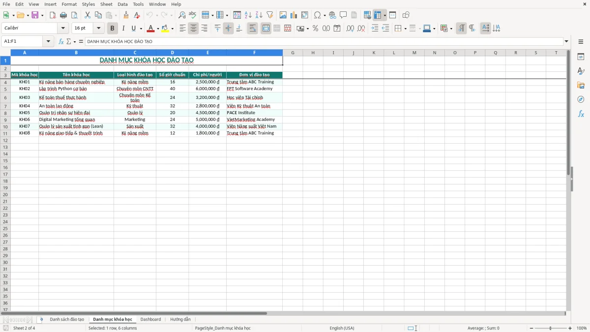 Ảnh chụp màn hình 2: tab Danh mục khóa học - Mẫu Excel file excel quản lý đào tạo nhân viên