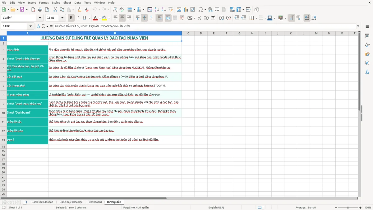 Ảnh chụp màn hình 4: tab Hướng dẫn - Mẫu Excel file excel quản lý đào tạo nhân viên