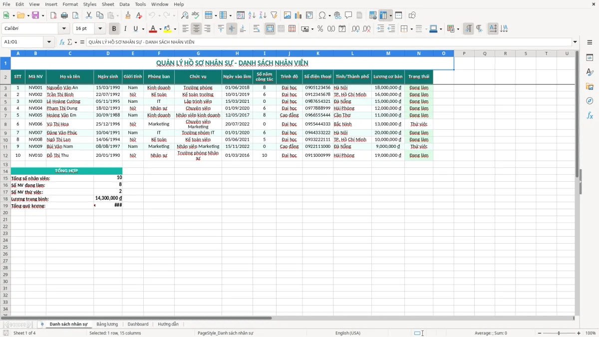 Ảnh chụp màn hình 1: tab Danh sách nhân sự - Mẫu Excel file excel quản lý hồ sơ nhân sự
