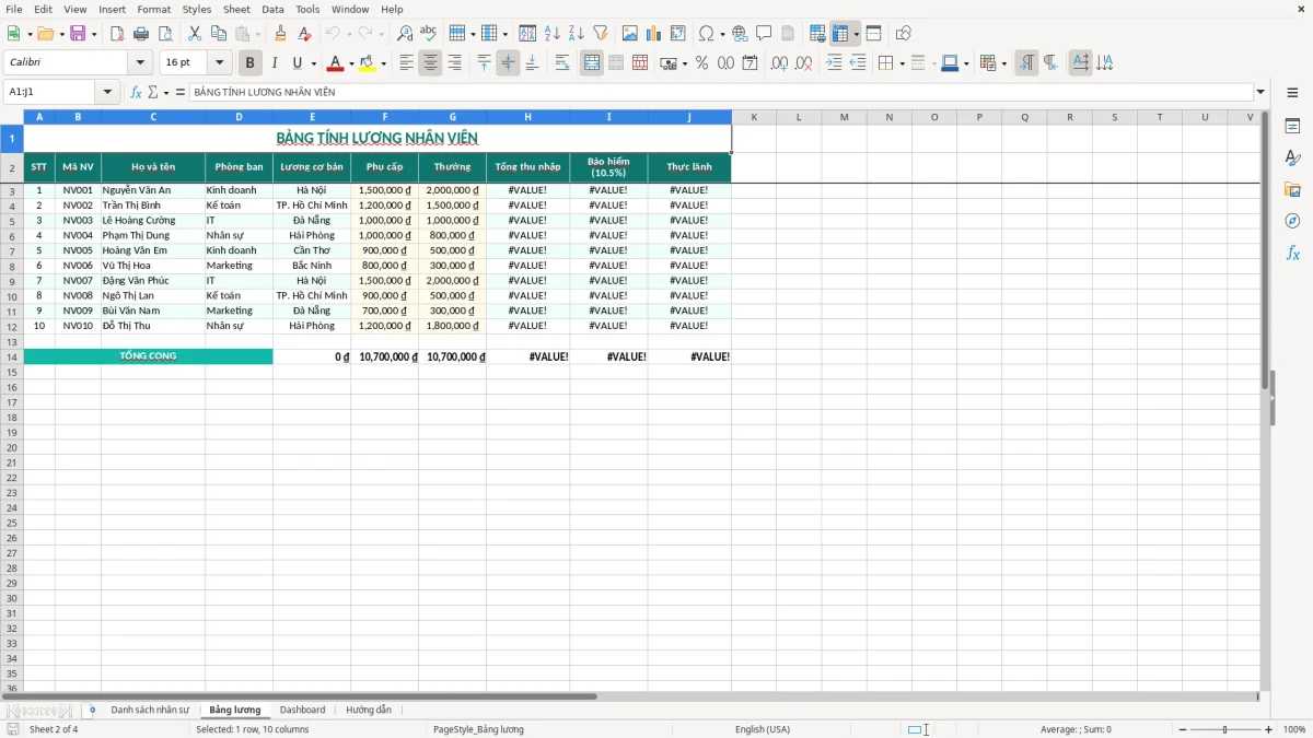 Ảnh chụp màn hình 2: tab Bảng lương - Mẫu Excel file excel quản lý hồ sơ nhân sự
