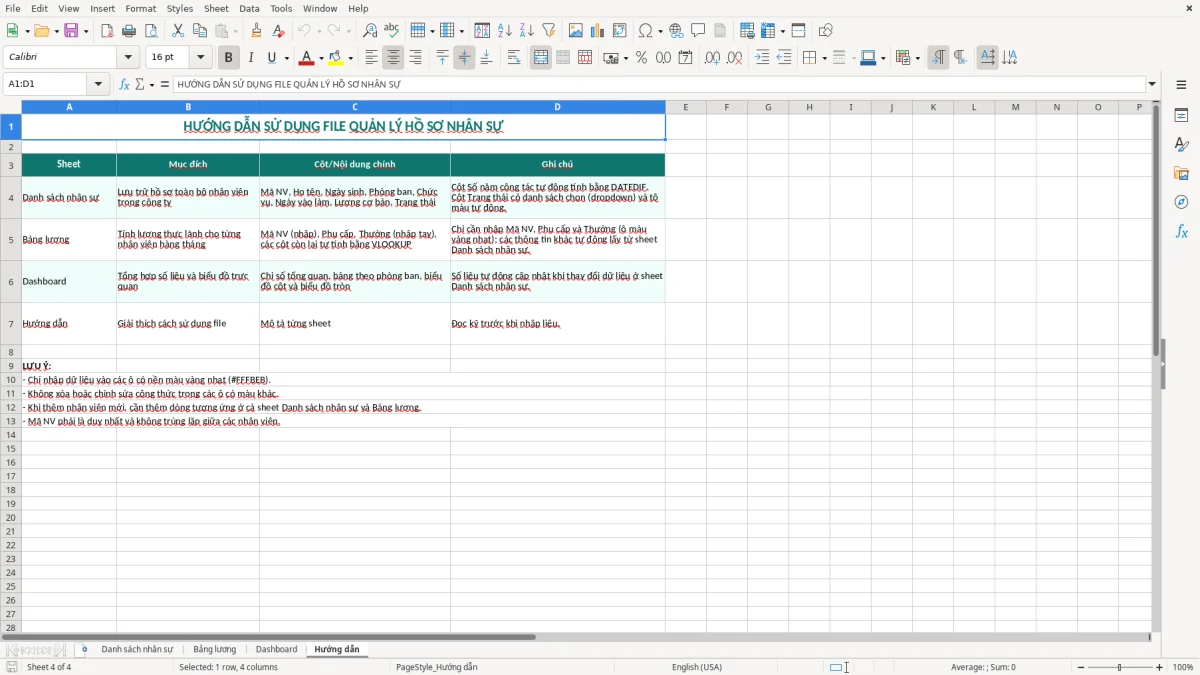 Ảnh chụp màn hình 4: tab Hướng dẫn - Mẫu Excel file excel quản lý hồ sơ nhân sự