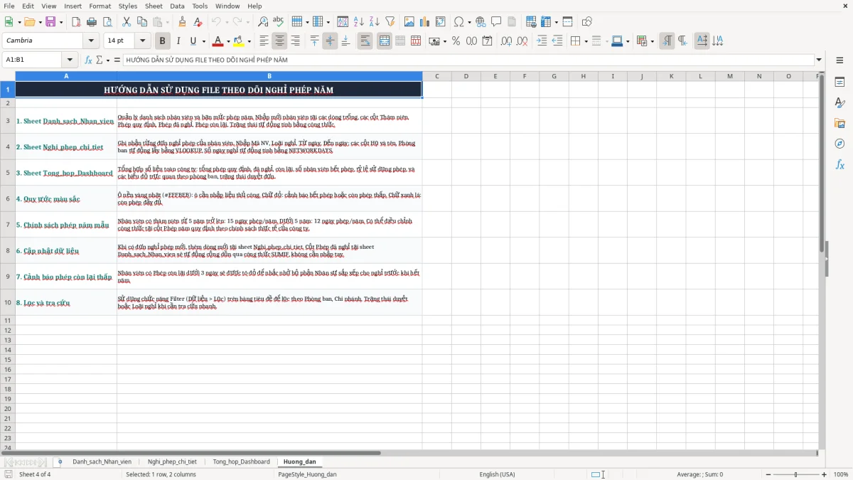 Ảnh chụp màn hình 4: tab Huong_dan - Mẫu Excel file excel theo dõi nghỉ phép năm nhân viên