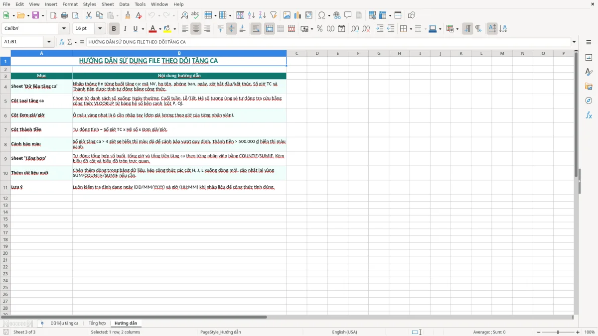 Ảnh chụp màn hình 3: tab Hướng dẫn - Mẫu Excel file excel theo dõi tăng ca làm thêm giờ