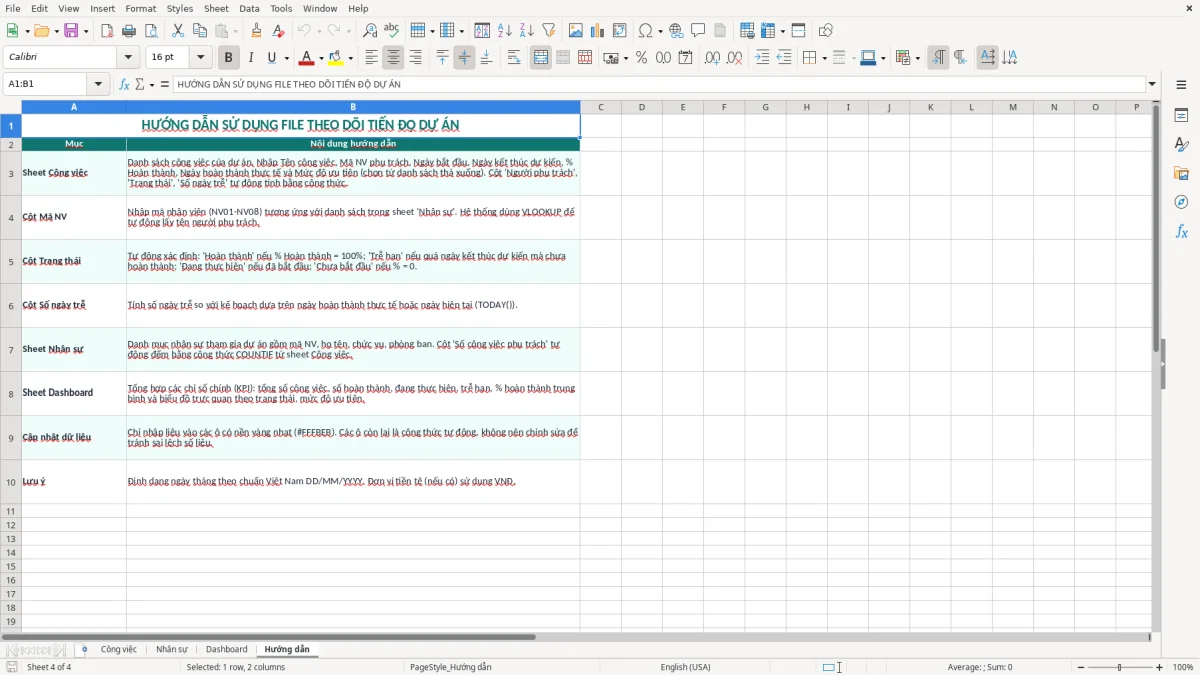 Ảnh chụp màn hình 4: tab Hướng dẫn - Mẫu Excel file excel theo dõi tiến độ dự án