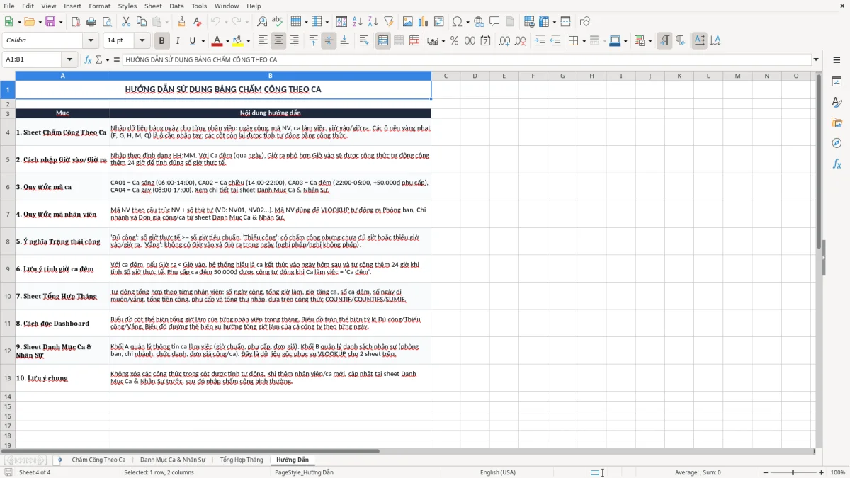 Ảnh chụp màn hình 4: tab Hướng Dẫn - Mẫu Excel mẫu bảng chấm công theo ca excel