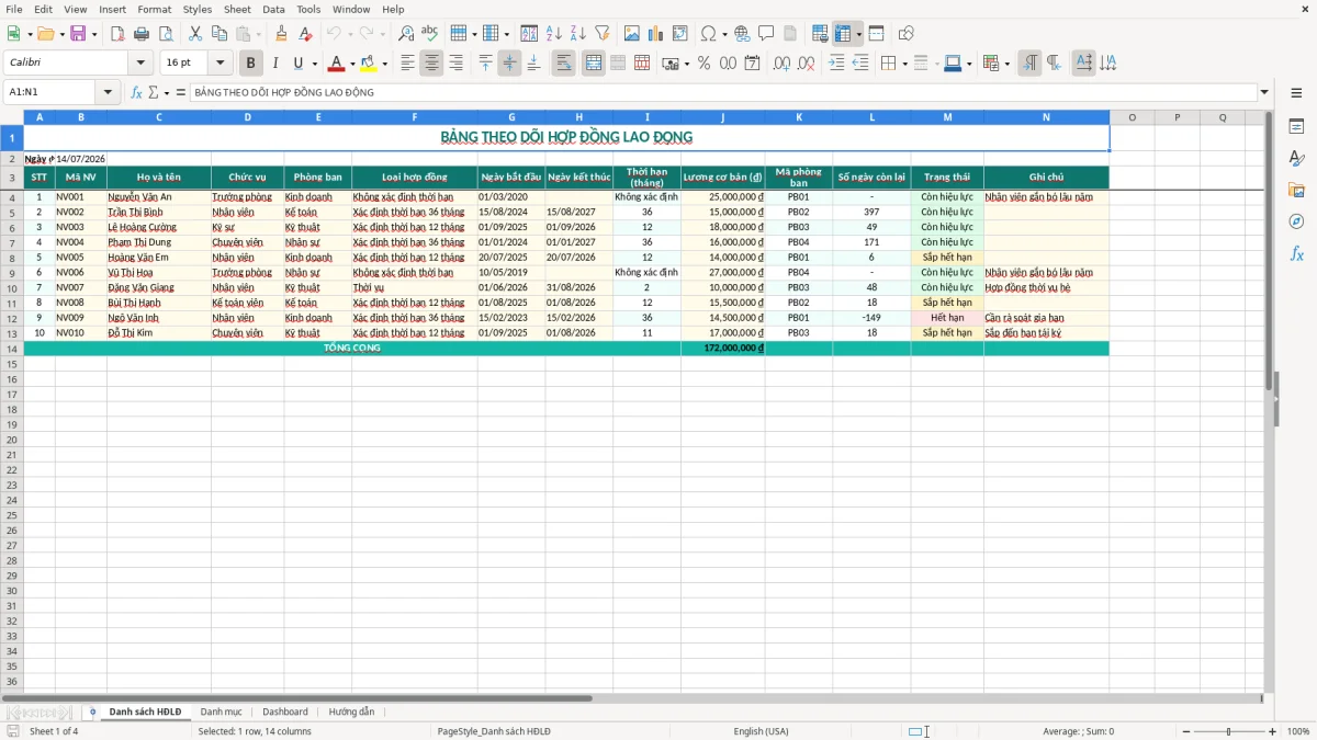 Ảnh chụp màn hình 1: tab Danh sách HĐLĐ - Mẫu Excel mẫu bảng theo dõi hợp đồng lao động excel