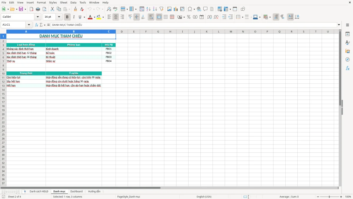 Ảnh chụp màn hình 2: tab Danh mục - Mẫu Excel mẫu bảng theo dõi hợp đồng lao động excel