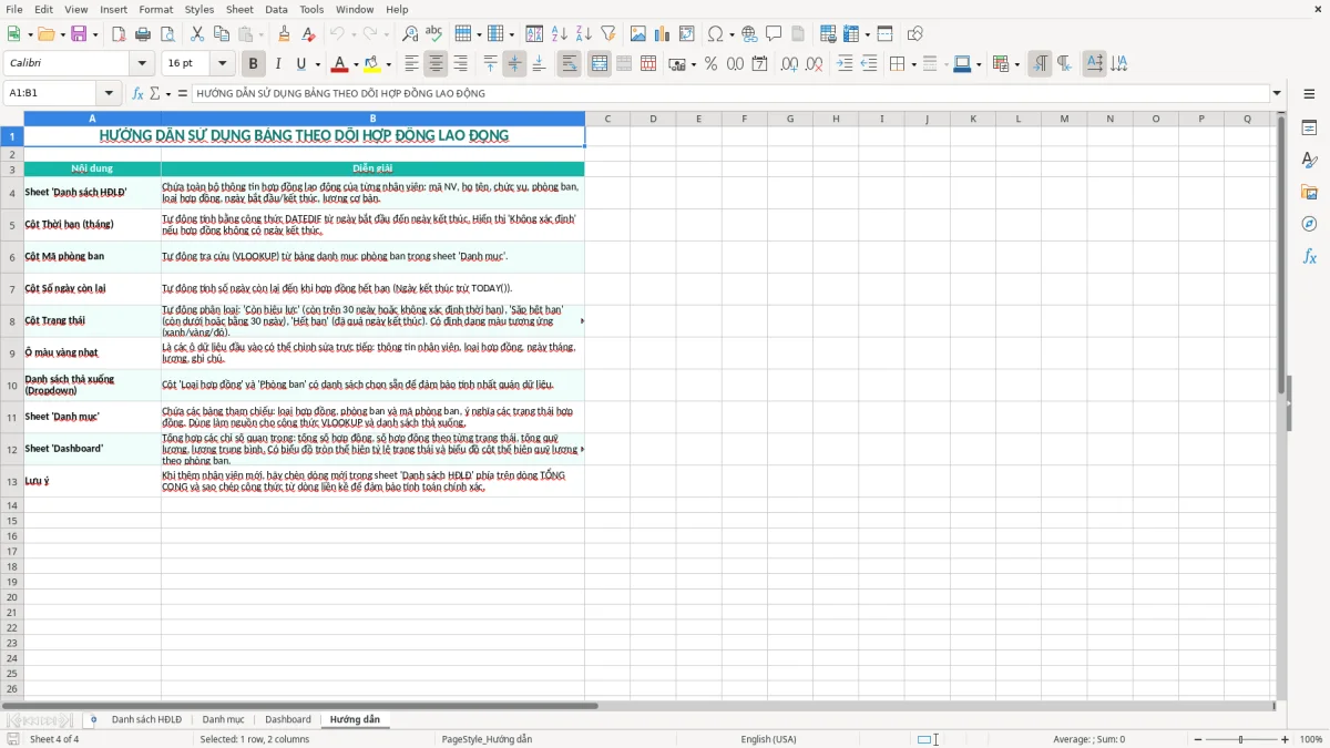 Ảnh chụp màn hình 4: tab Hướng dẫn - Mẫu Excel mẫu bảng theo dõi hợp đồng lao động excel