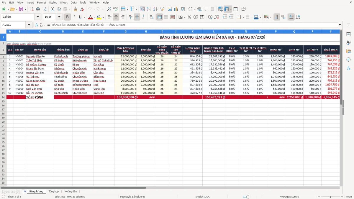 Ảnh chụp màn hình 1: tab Bảng lương - Mẫu Excel mẫu bảng tính lương kèm bảo hiểm xã hội excel