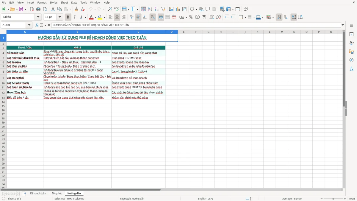 Ảnh chụp màn hình 3: tab Hướng dẫn - Mẫu Excel mẫu kế hoạch công việc theo tuần excel