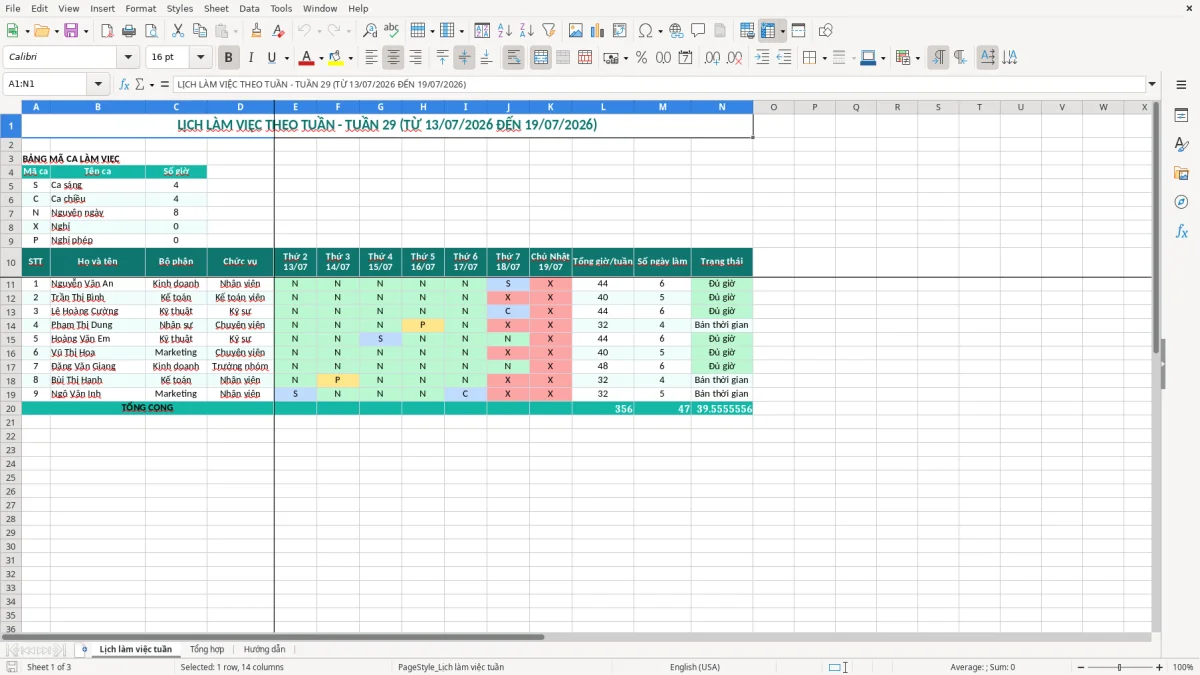 Ảnh chụp màn hình 1: tab Lịch làm việc tuần - Mẫu Excel mẫu lịch làm việc theo tuần excel