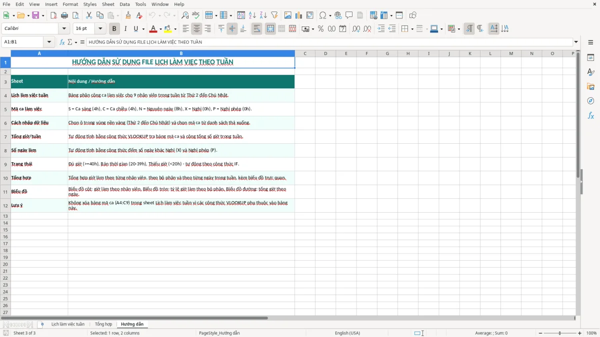 Ảnh chụp màn hình 3: tab Hướng dẫn - Mẫu Excel mẫu lịch làm việc theo tuần excel