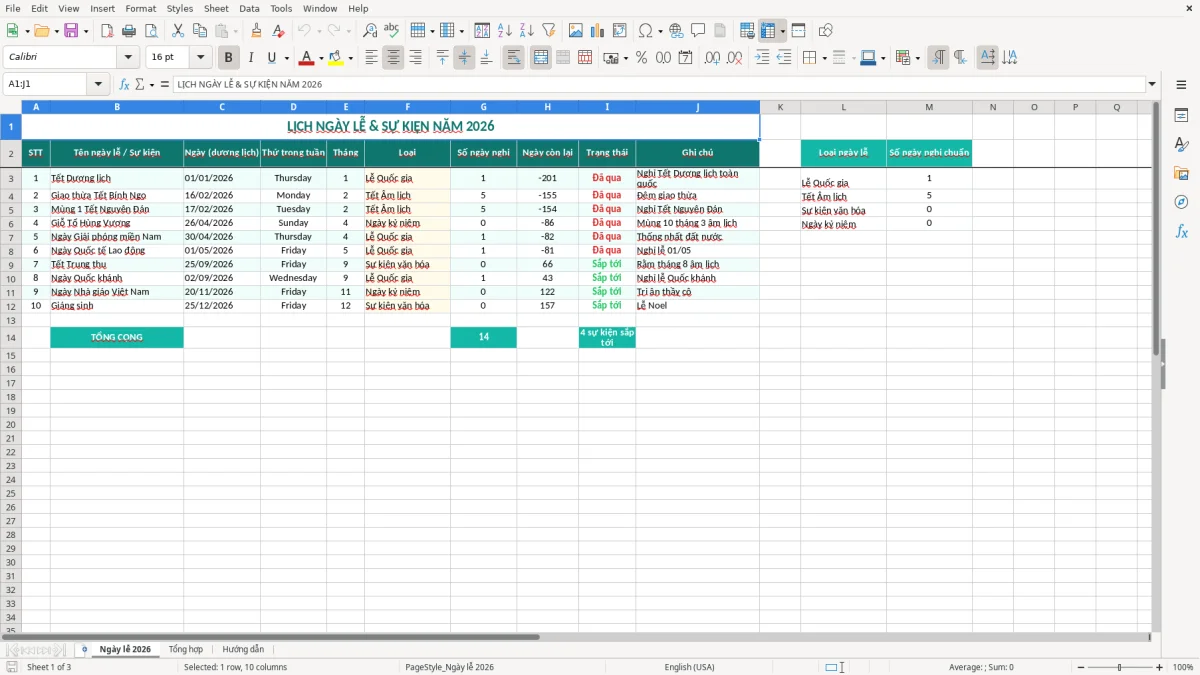 Ảnh chụp màn hình 1: tab Ngày lễ 2026 - Mẫu Excel mẫu lịch năm 2026 excel