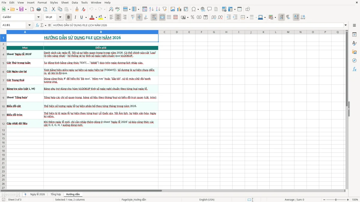 Ảnh chụp màn hình 3: tab Hướng dẫn - Mẫu Excel mẫu lịch năm 2026 excel