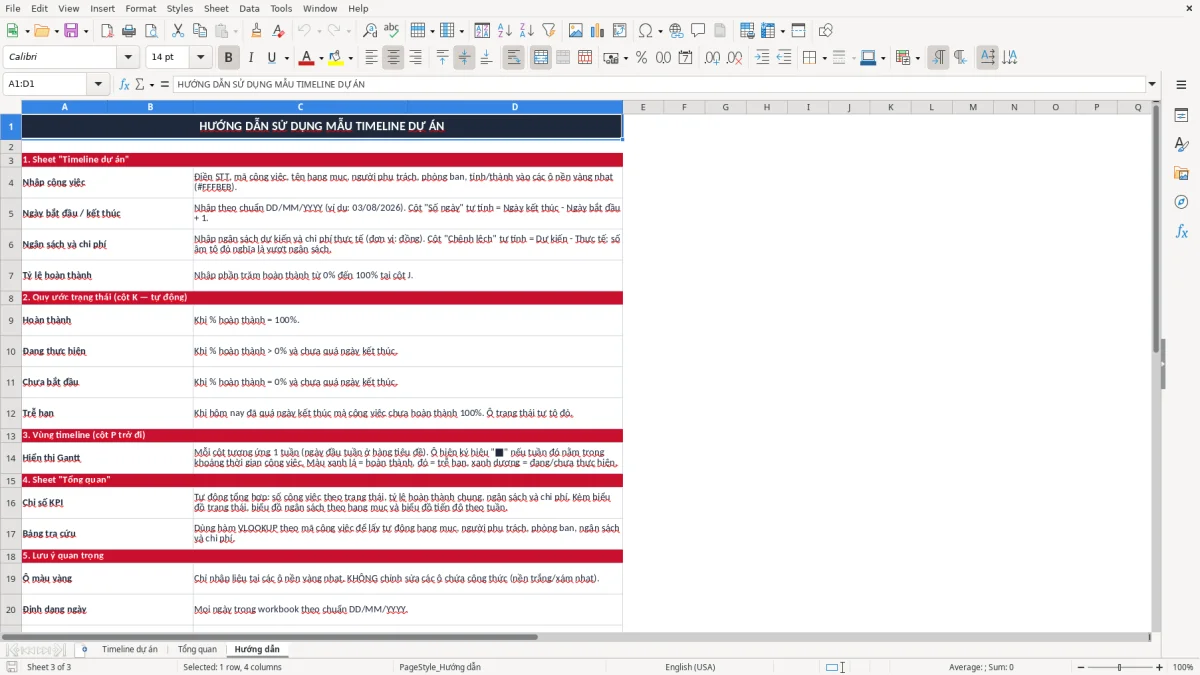 Ảnh chụp màn hình 3: tab Hướng dẫn - Mẫu Excel mẫu timeline dự án excel