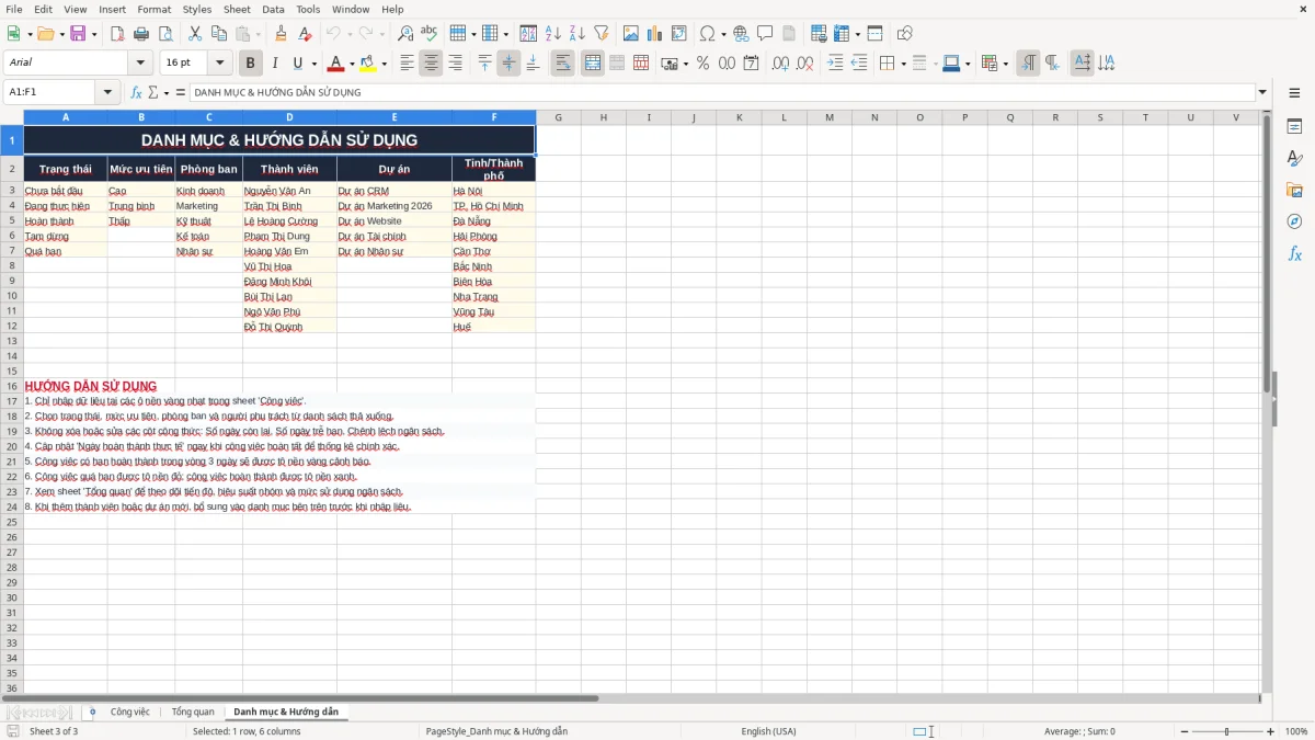 Ảnh chụp màn hình 3: tab Danh mục & Hướng dẫn - Mẫu Excel file excel quản lý công việc nhóm
