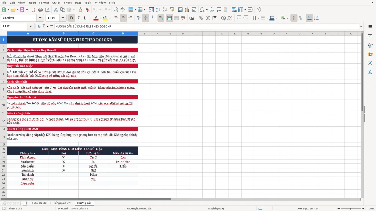 Ảnh chụp màn hình 3: tab Hướng dẫn - Mẫu Excel file excel theo dõi okr công ty