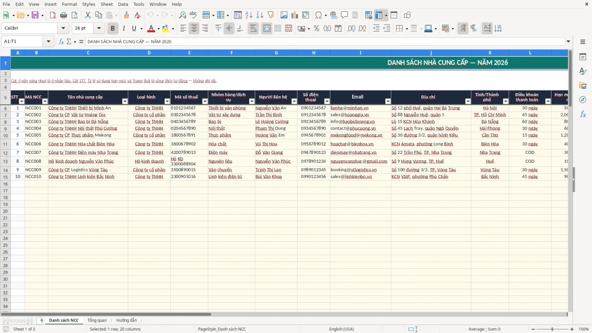Ảnh chụp màn hình 1: tab Danh sách NCC - Mẫu Excel mẫu danh sách nhà cung cấp excel