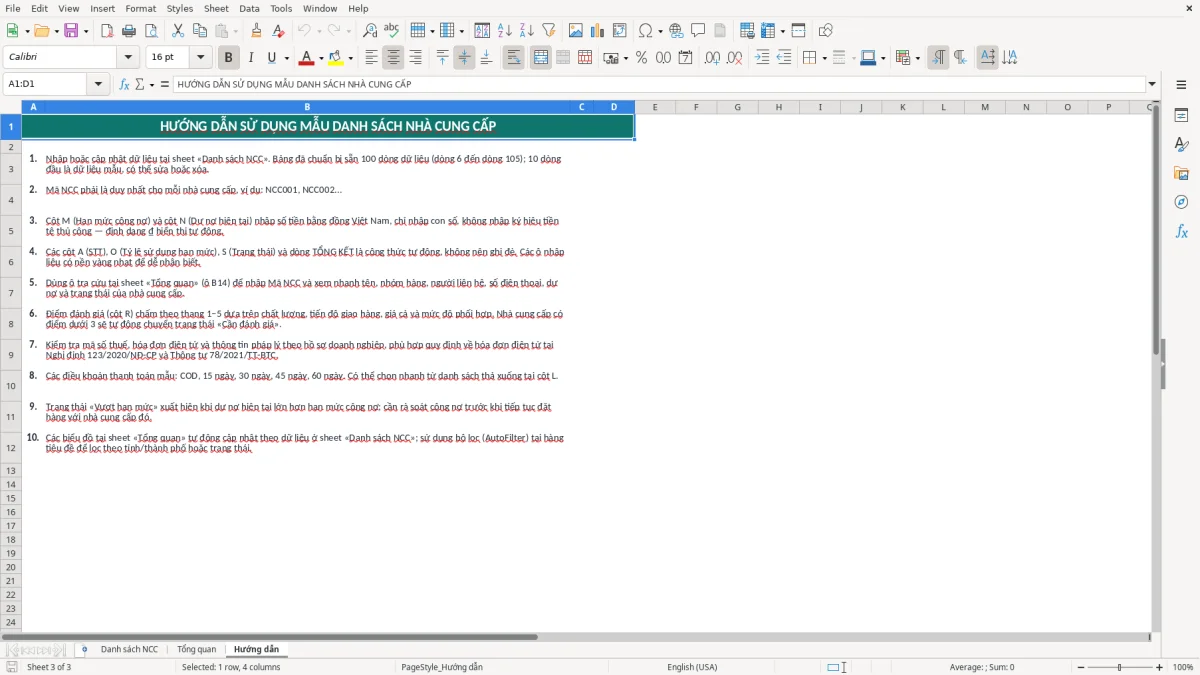 Ảnh chụp màn hình 3: tab Hướng dẫn - Mẫu Excel mẫu danh sách nhà cung cấp excel