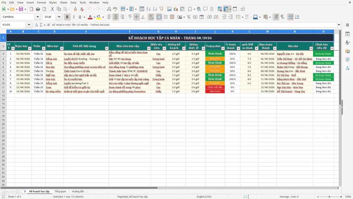 Ảnh chụp màn hình 1: tab Kế hoạch học tập - Mẫu Excel mẫu kế hoạch học tập cá nhân excel