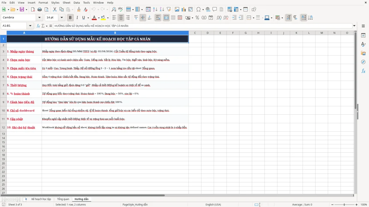 Ảnh chụp màn hình 3: tab Hướng dẫn - Mẫu Excel mẫu kế hoạch học tập cá nhân excel