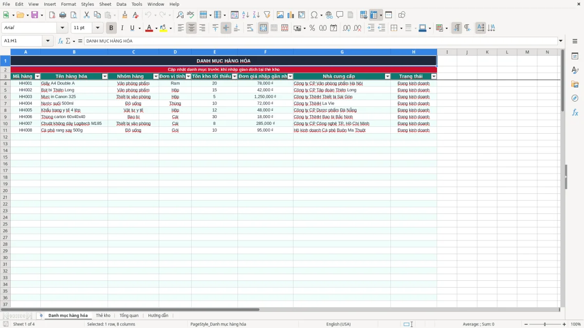 Ảnh chụp màn hình 1: tab Danh mục hàng hóa - Mẫu Excel mẫu thẻ kho excel