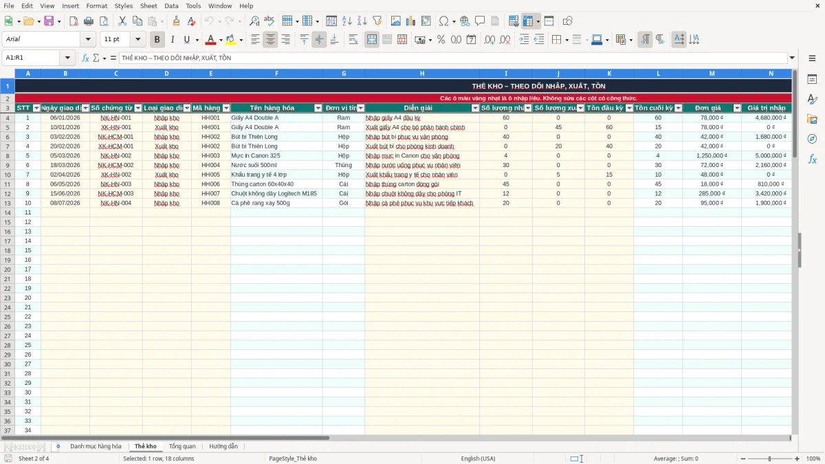 Ảnh chụp màn hình 2: tab Thẻ kho - Mẫu Excel mẫu thẻ kho excel