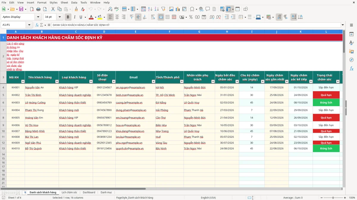 Ảnh chụp màn hình 1: tab Danh sách khách hàng - Mẫu Excel file excel chăm sóc khách hàng định kỳ