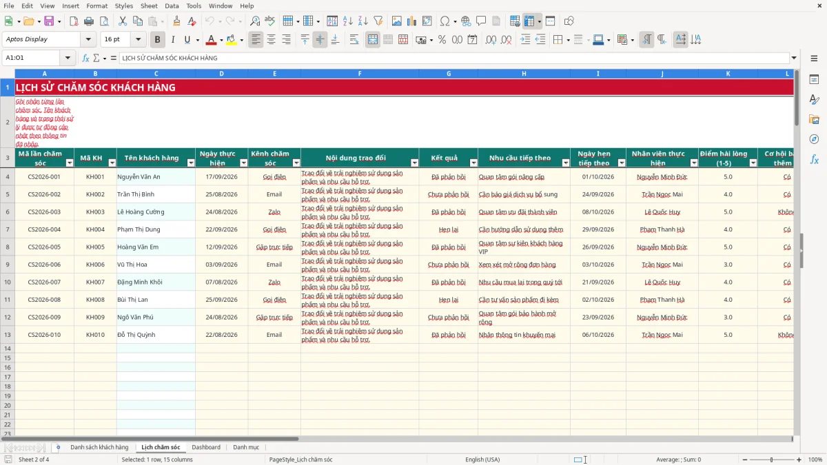 Ảnh chụp màn hình 2: tab Lịch chăm sóc - Mẫu Excel file excel chăm sóc khách hàng định kỳ
