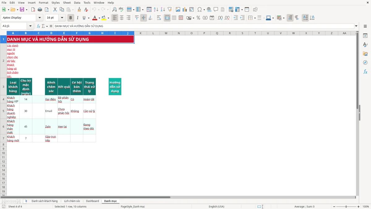 Ảnh chụp màn hình 4: tab Danh mục - Mẫu Excel file excel chăm sóc khách hàng định kỳ