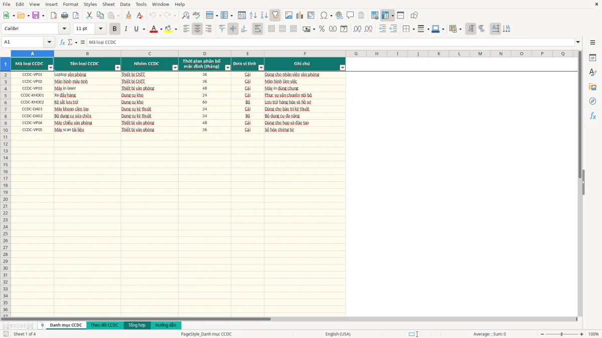 Ảnh chụp màn hình 1: tab Danh mục CCDC - Mẫu Excel file excel quản lý công cụ dụng cụ