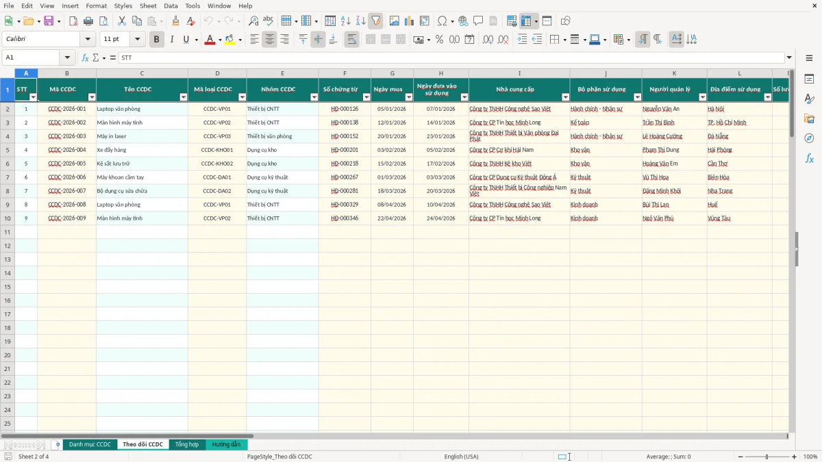 Ảnh chụp màn hình 2: tab Theo dõi CCDC - Mẫu Excel file excel quản lý công cụ dụng cụ