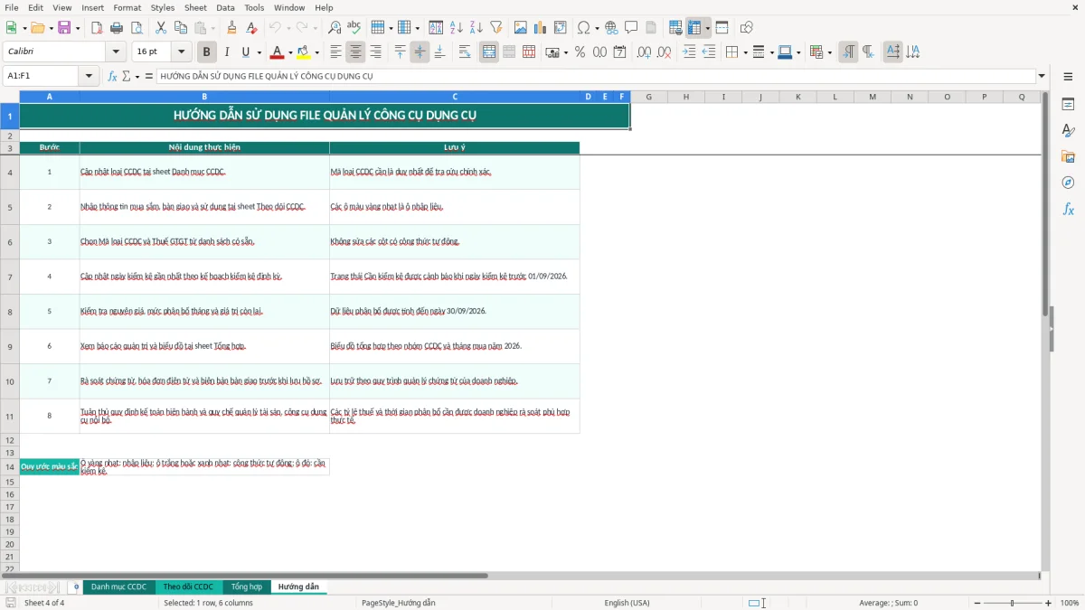 Ảnh chụp màn hình 4: tab Hướng dẫn - Mẫu Excel file excel quản lý công cụ dụng cụ