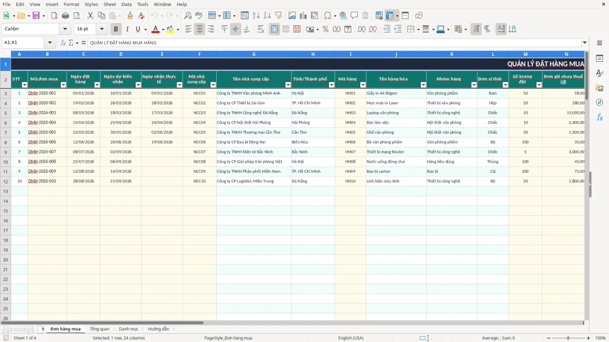 Ảnh chụp màn hình 1: tab Đơn hàng mua - Mẫu Excel file excel quản lý đặt hàng mua hàng