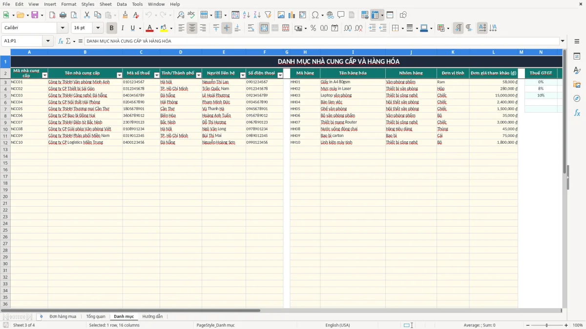 Ảnh chụp màn hình 3: tab Danh mục - Mẫu Excel file excel quản lý đặt hàng mua hàng