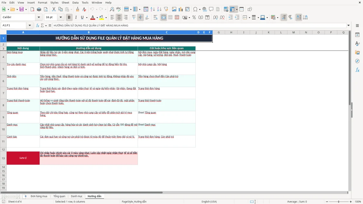 Ảnh chụp màn hình 4: tab Hướng dẫn - Mẫu Excel file excel quản lý đặt hàng mua hàng
