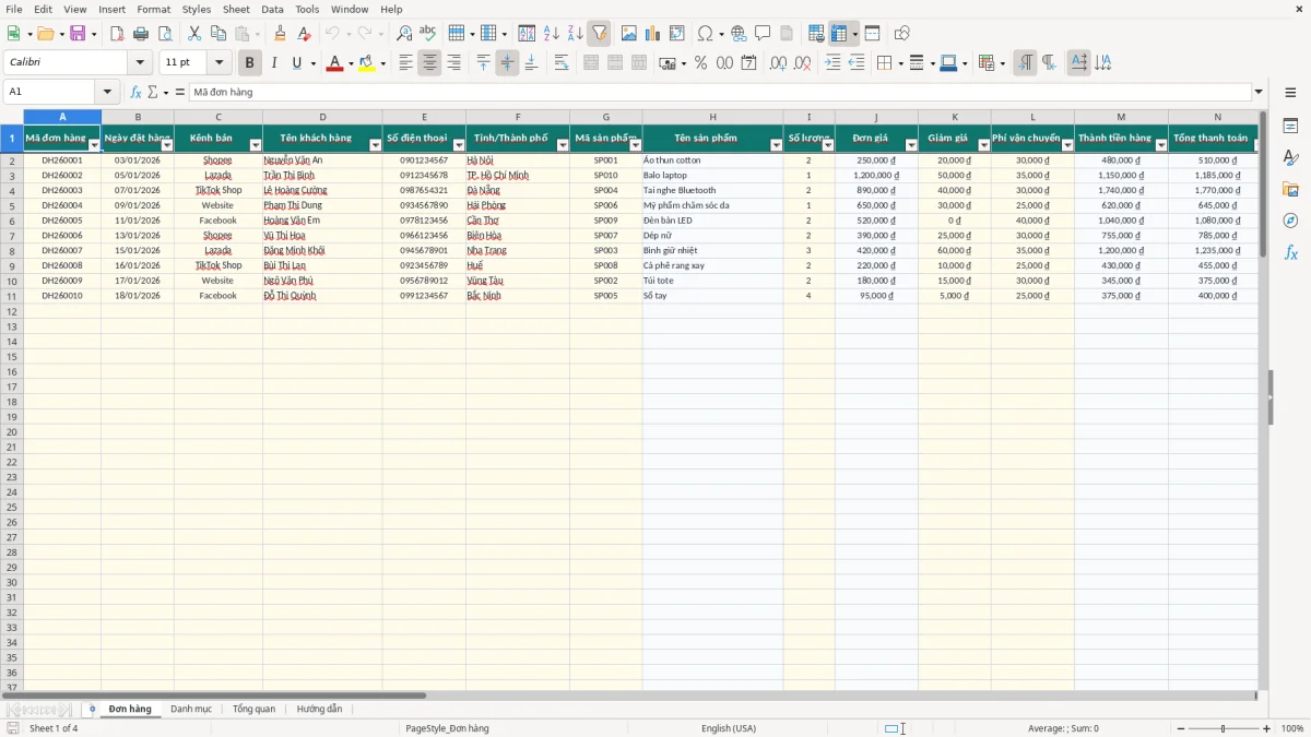 Ảnh chụp màn hình 1: tab Đơn hàng - Mẫu Excel file excel quản lý đơn hàng online