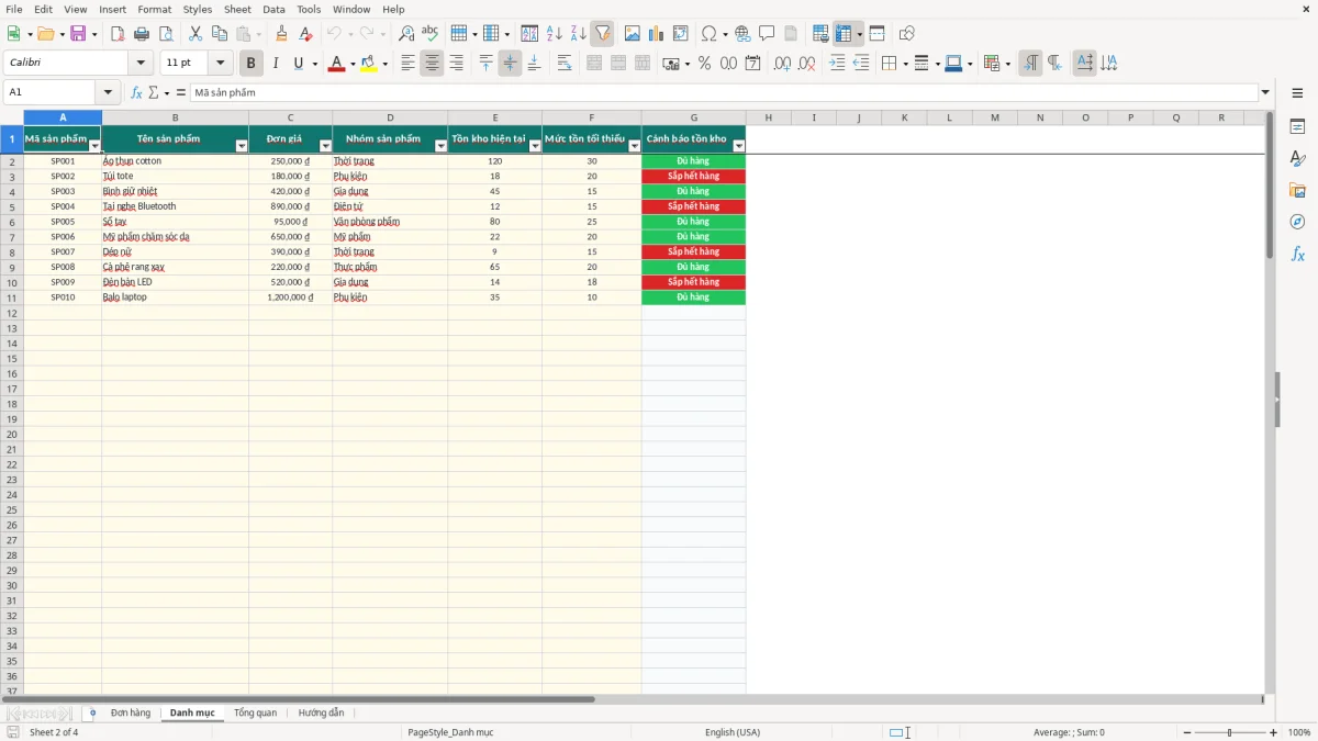 Ảnh chụp màn hình 2: tab Danh mục - Mẫu Excel file excel quản lý đơn hàng online