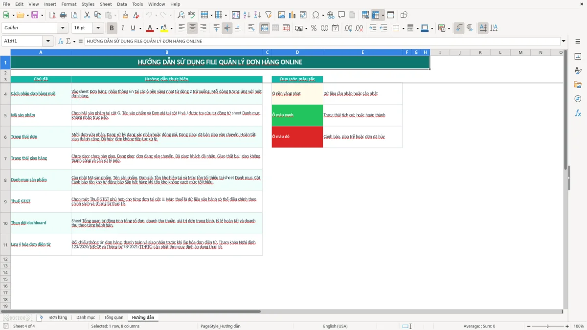 Ảnh chụp màn hình 4: tab Hướng dẫn - Mẫu Excel file excel quản lý đơn hàng online