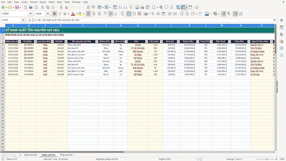 Ảnh chụp màn hình 2: tab Nhập xuất tồn - Mẫu Excel file excel quản lý kho nguyên vật liệu