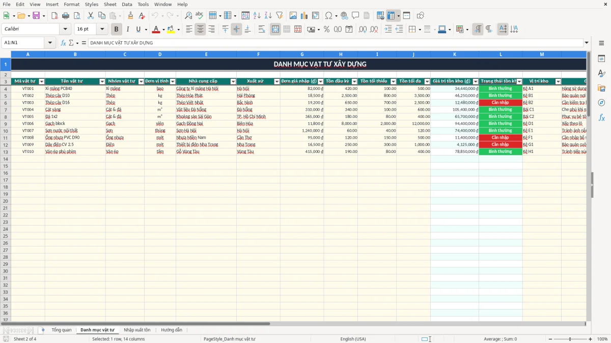 Ảnh chụp màn hình 2: tab Danh mục vật tư - Mẫu Excel file excel quản lý kho vật tư xây dựng