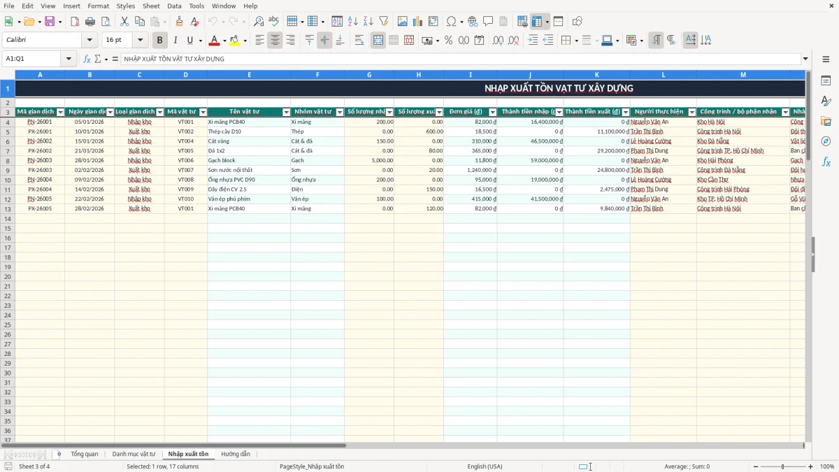 Ảnh chụp màn hình 3: tab Nhập xuất tồn - Mẫu Excel file excel quản lý kho vật tư xây dựng