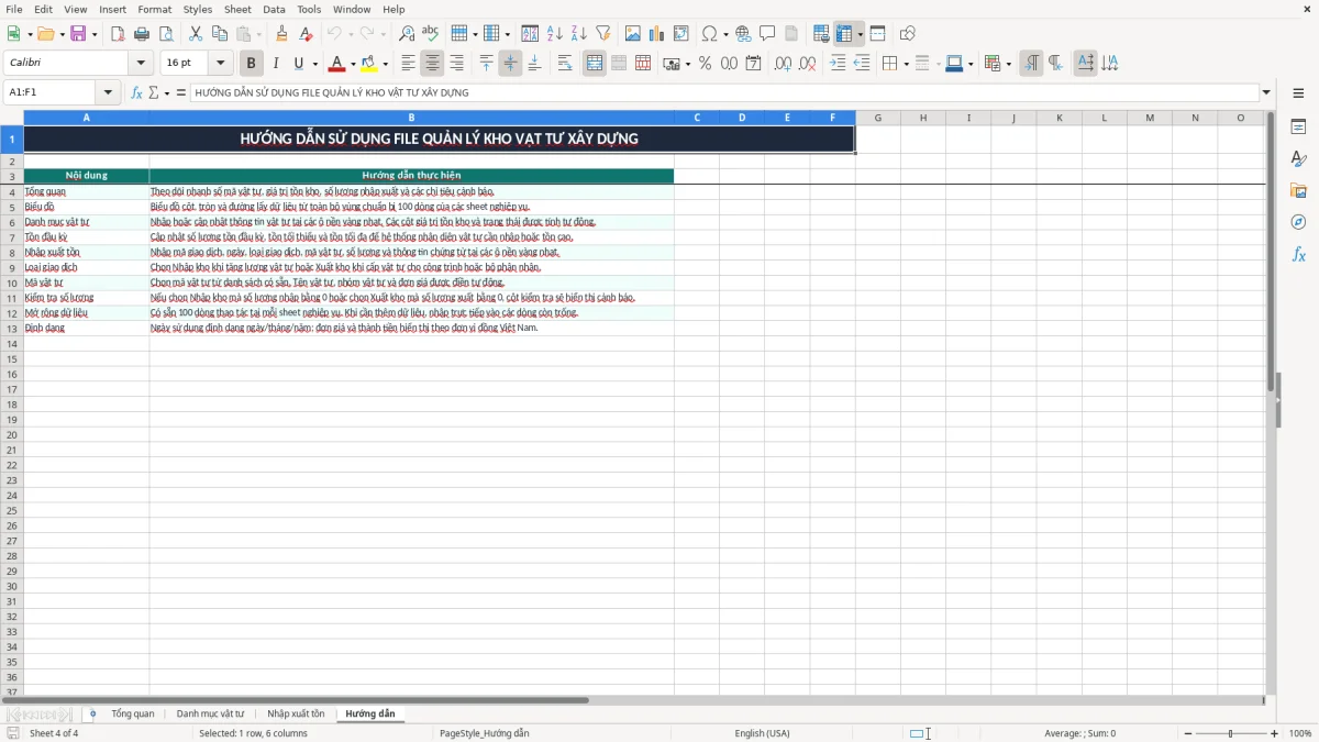 Ảnh chụp màn hình 4: tab Hướng dẫn - Mẫu Excel file excel quản lý kho vật tư xây dựng