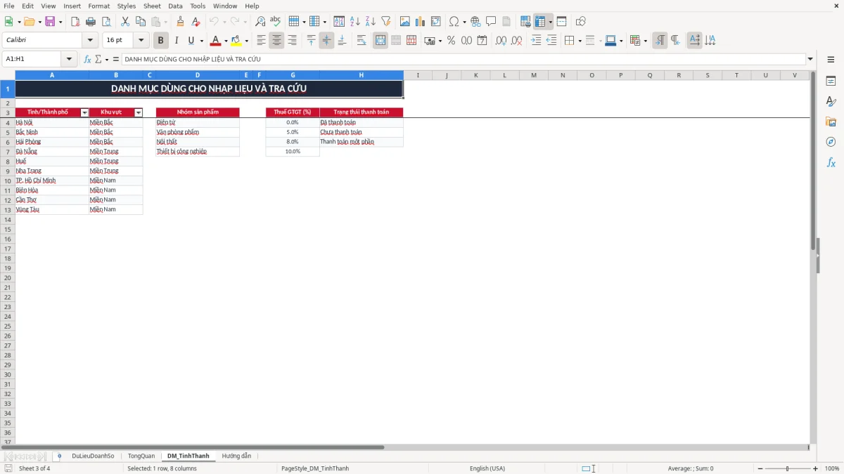 Ảnh chụp màn hình 3: tab DM_TinhThanh - Mẫu Excel file excel theo dõi doanh số bán hàng theo tháng