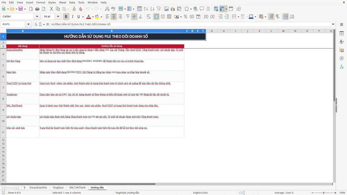 Ảnh chụp màn hình 4: tab Hướng dẫn - Mẫu Excel file excel theo dõi doanh số bán hàng theo tháng