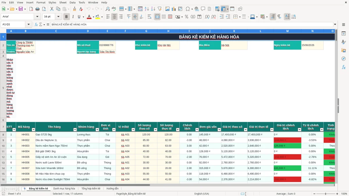 Ảnh chụp màn hình 1: tab Bảng kê kiểm kê - Mẫu Excel mẫu bảng kê kiểm kê hàng hóa excel