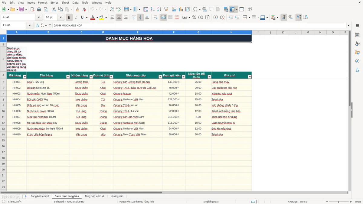 Ảnh chụp màn hình 2: tab Danh mục hàng hóa - Mẫu Excel mẫu bảng kê kiểm kê hàng hóa excel