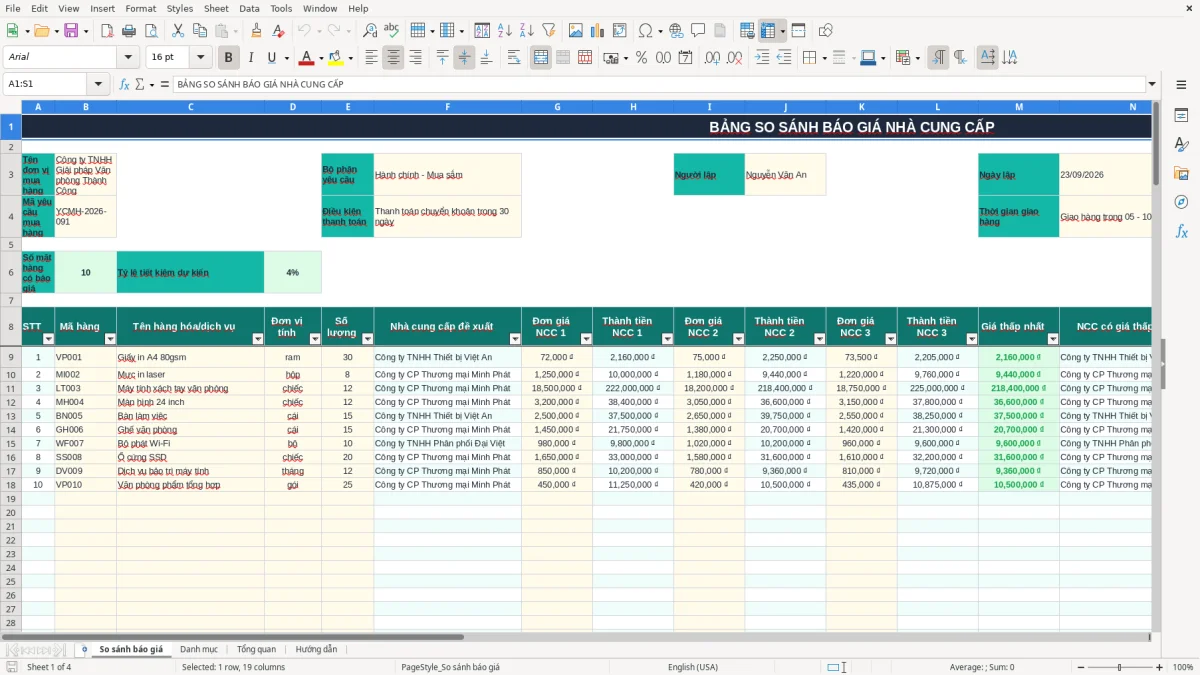 Ảnh chụp màn hình 1: tab So sánh báo giá - Mẫu Excel mẫu bảng so sánh báo giá nhà cung cấp excel